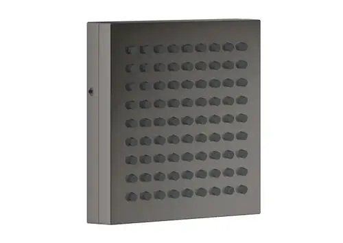 Schwarzes Duschpaneel mit vielen Einzelstrahldüsen, entworfen von AXOR. Die Oberfläche ist glatt und zeigt ein minimalistisches Design.
